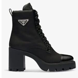 PRADA Re-Nylon Logo-Plaque Leather And Recycled-Nylon Heeled Boots in Black